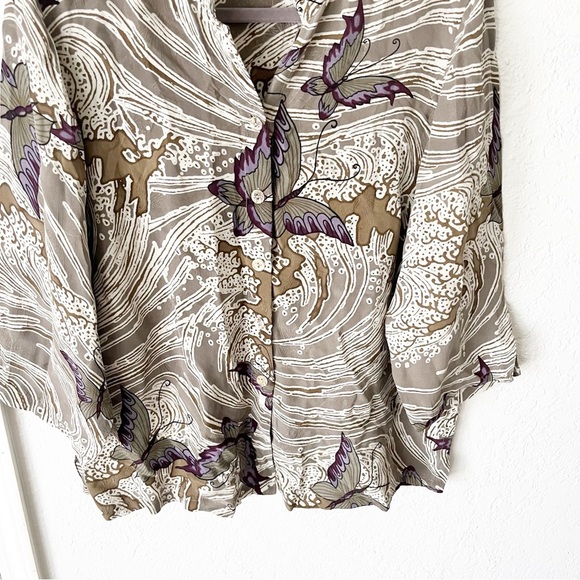 Citron Santa Monica Blouse Women's XL 100% Silk Button Dwon Mardarin Butterfly - Picture 4 of 7